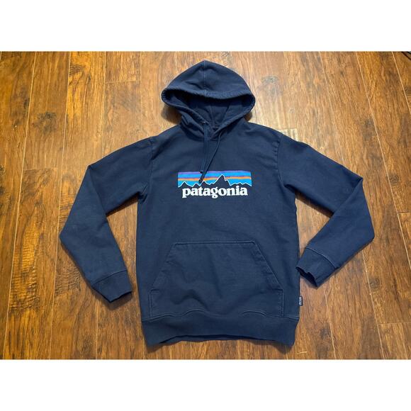 PATAGONIA Mens P-6 Logo Uprisal Hoody Navy Blue Small Regular Fit Long Sleeve - Picture 1 of 7